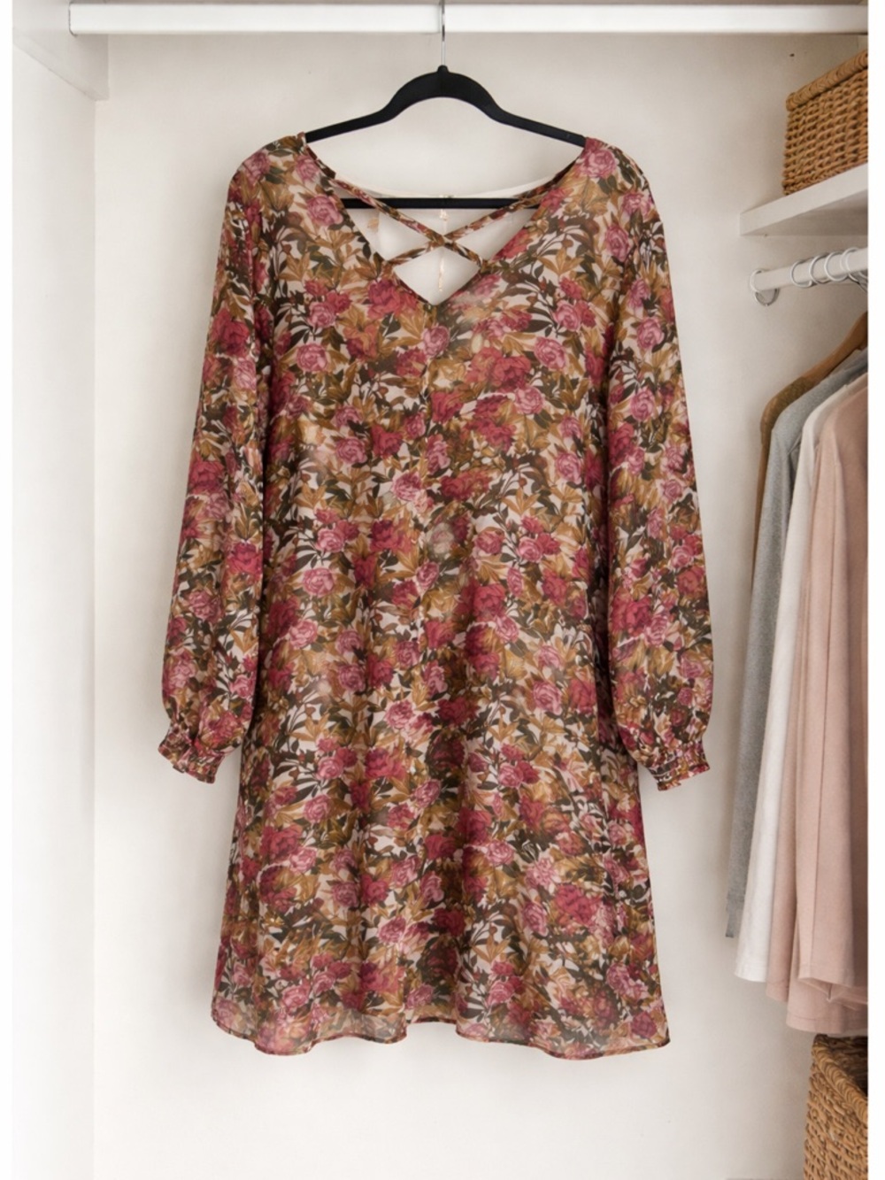 Boutique Floral Chiffon Dress 1X Boho Long Sleeve Pink Brown Flowy Tunic